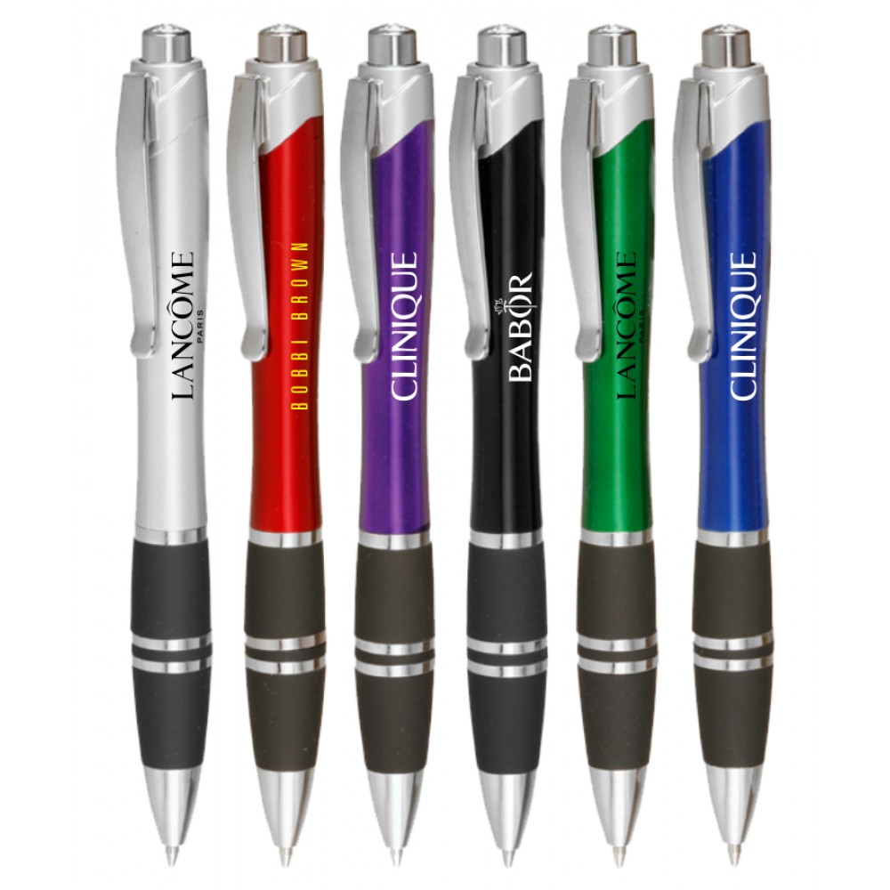 Union Printed - Kingly - Silver Click Ballpoint Pens with Black Rubber Grip Custom Imprinted