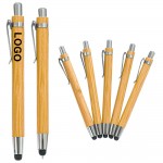 Logo Branded 2-in-1 Click Action Bamboo Ballpoint Pen w/Stylus & Pocket Clip