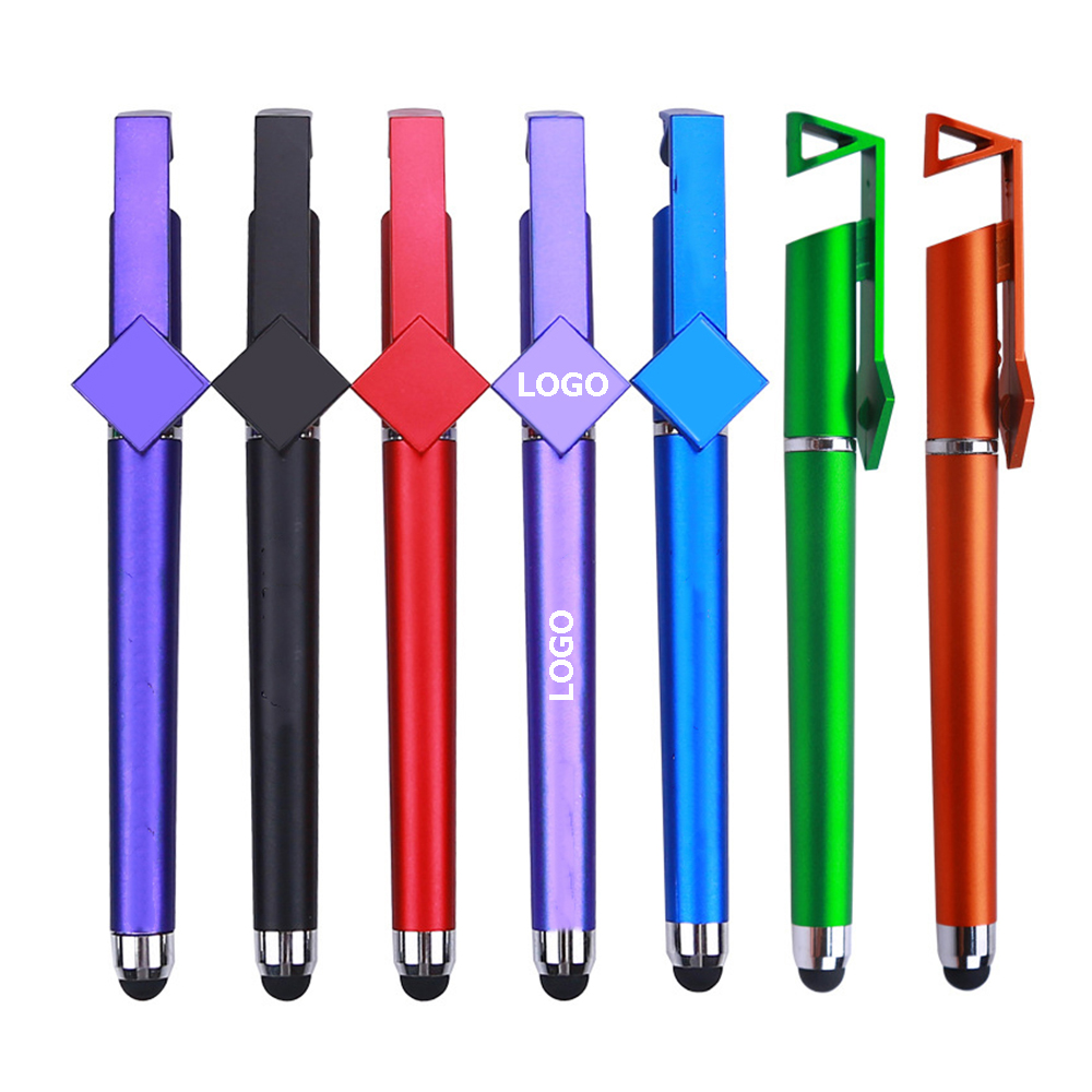 Custom Imprinted 3 In 1 Multifunction Soft Touch QR Code Ballpoint Pen With Stylus & Phone Stand & Removable Cap