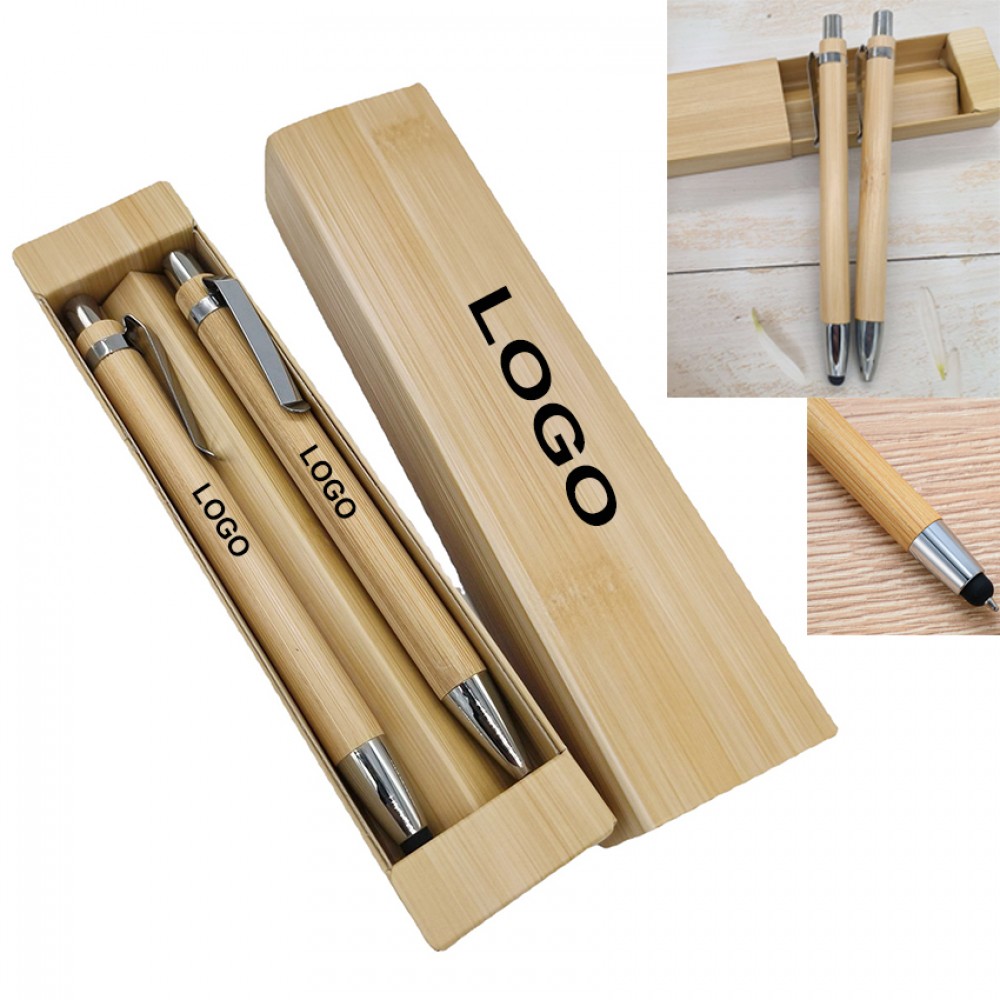 Custom Engraved 2-in-1 Nature Bamboo Touch Screen Stylus Ballpoint Pen & Automatic Pencil Set