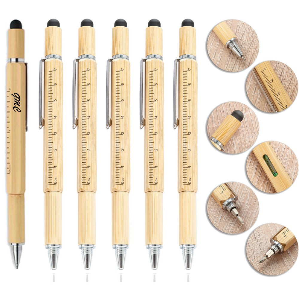 Bamboo Multifunctional 6-in-1 Tool Pen Custom Imprinted