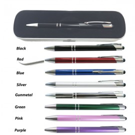 Sleek Anodize Aluminum Stylus Ball Pen In Tin Metal Case Custom Imprinted