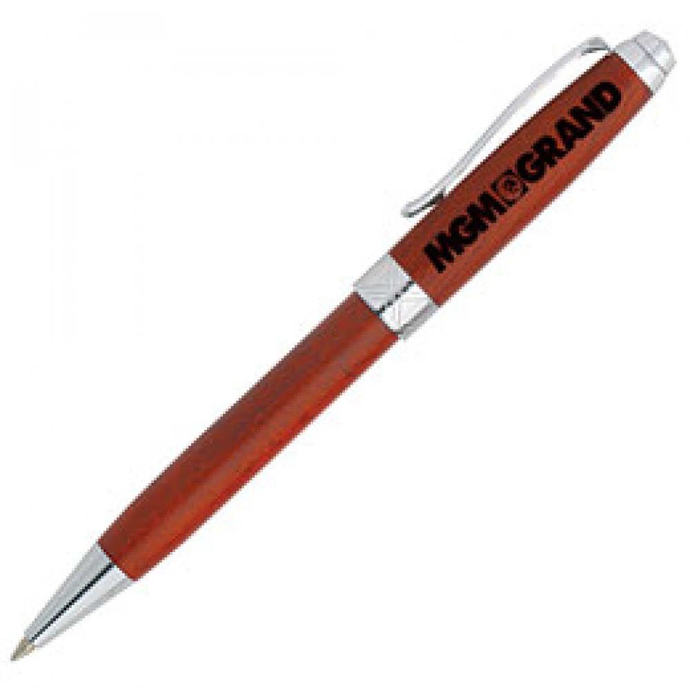 Rosewood Barrel Ballpoint Pen w/ Shiny Chrome Accents Custom Imprinted