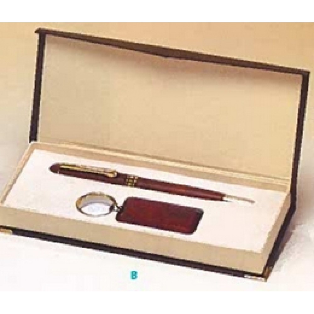 Rosewood-Finish Pen & Key Ring Set Logo Branded