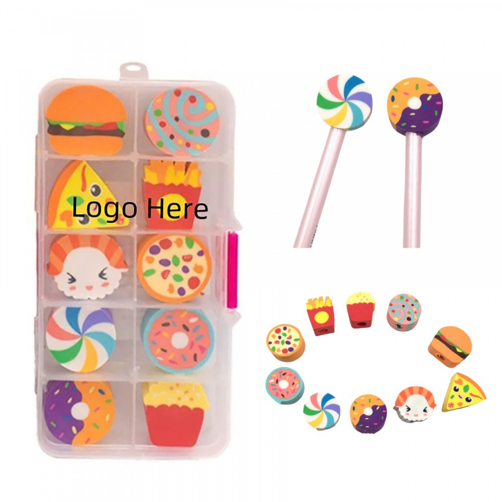 10 Pcs Colorful Fast Food Pencil Topper TPR Eraser Set with Logo