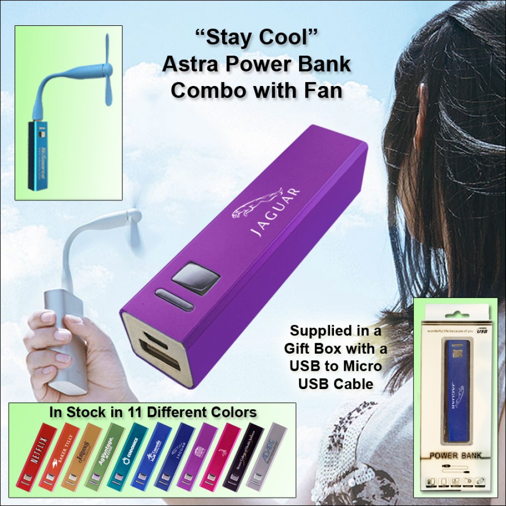 Purple 2600 mAH Astra Power Bank Combo w/Fan with Logo