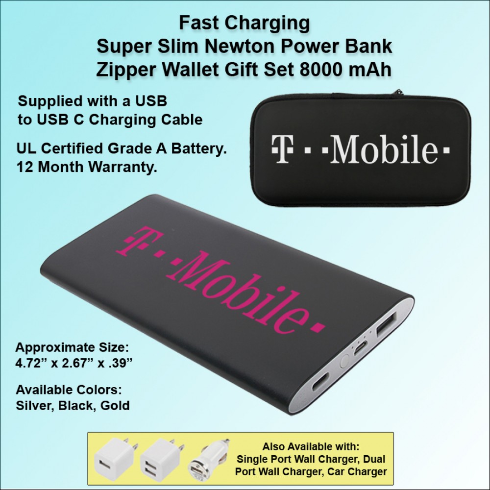 Personalized Fast Charging Super Slim Newton Power Bank USB C Gift Set 8000 mAh - Black