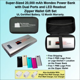 Customized Super Sized Mondeo Power Bank 20,000 mAh with Quadrouple Ports, LED Readout in a Black Zipper Wallet
