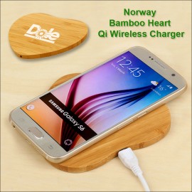 Norway Bamboo "Eco Friendly" Qi Wireless Charging 15 Watts Pad - Heart with Logo